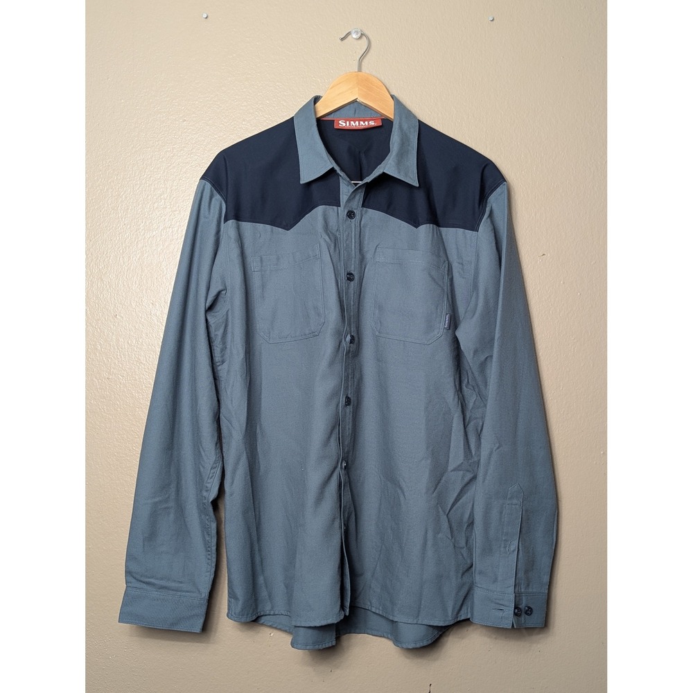 Simms Fishing Shirt‎ Mens Large Grey Navy Blue Western Performance Long Sleeve